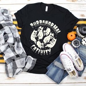 NWOT Cat Ghost Theme Halloween Short Sleeve Shirt